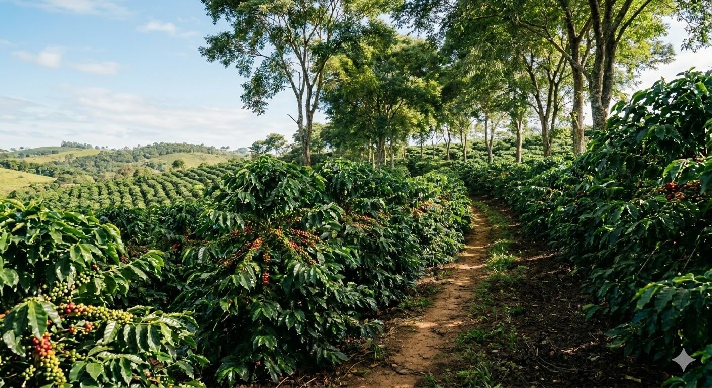 Lavoura de café arborizada com cerejas maduras ao fundo