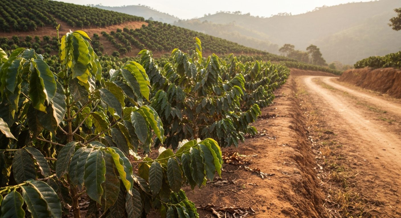 Lavoura de café de montanha no Sul de Minas em época seca, com folhas empoeiradas e ruas descendo pela encosta