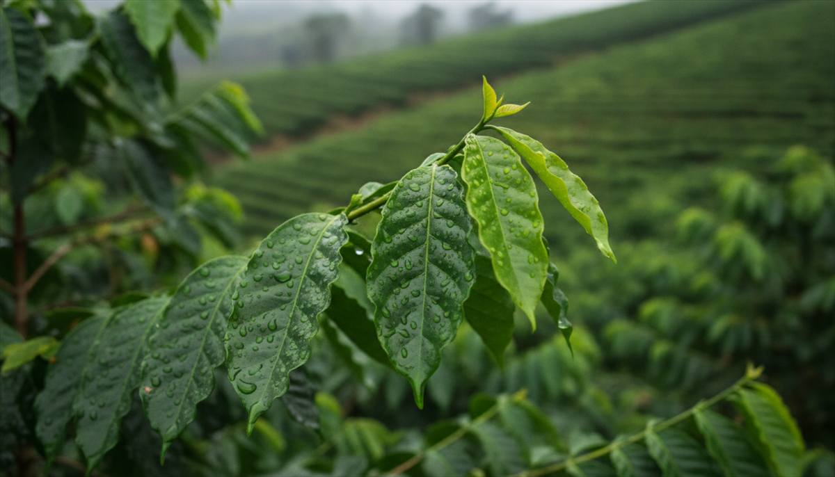 Folhas novas de café verdes e brilhantes em lavoura de montanha do Sul de Minas