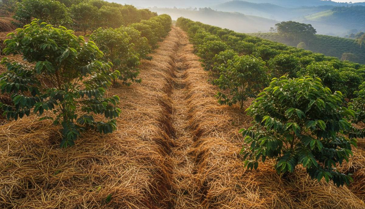 Lavoura de café de montanha no Sul de Minas com palha e matéria orgânica cobrindo o solo embaixo das plantas