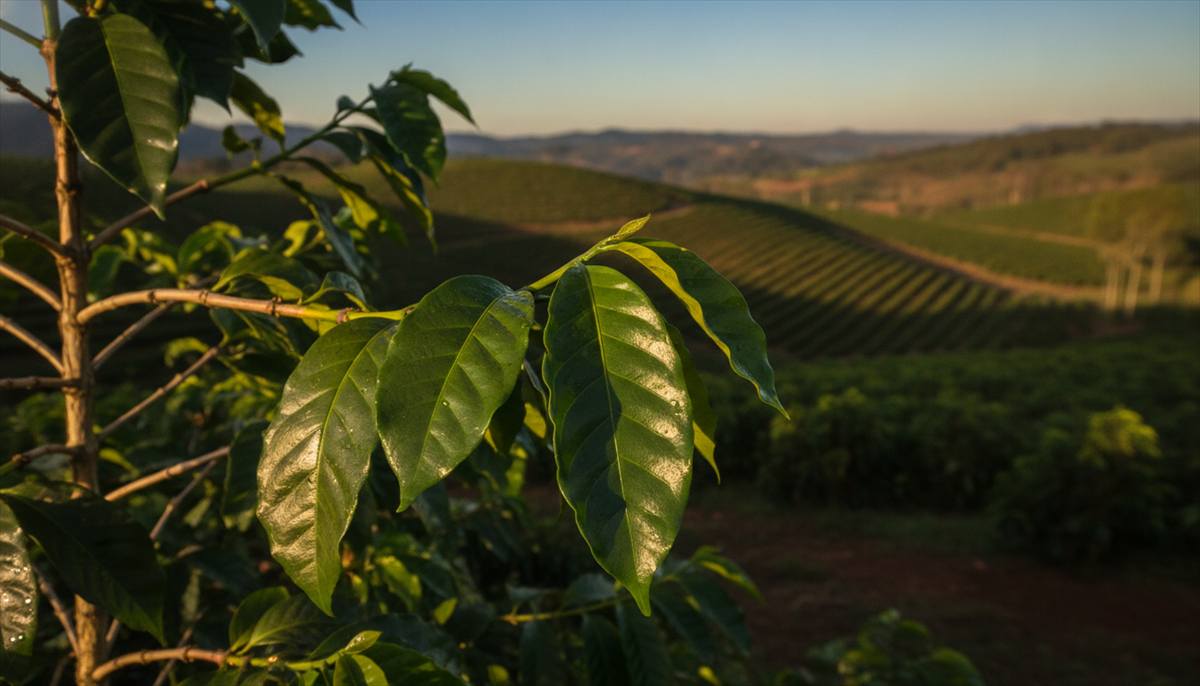 Lavoura de café de montanha no Sul de Minas com folhas verdes e sadias nos ramos