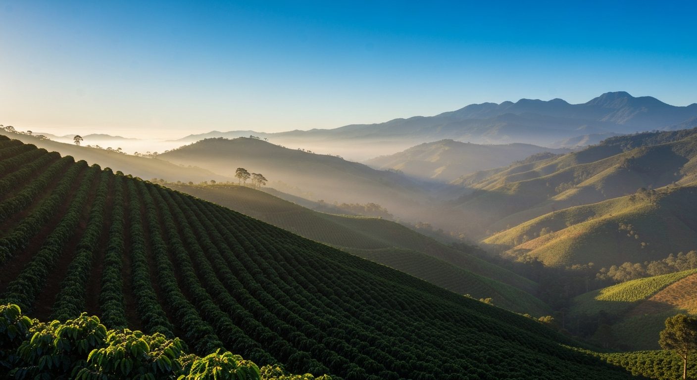 Lavoura de café nas encostas de montanha do Sul de Minas ao amanhecer
