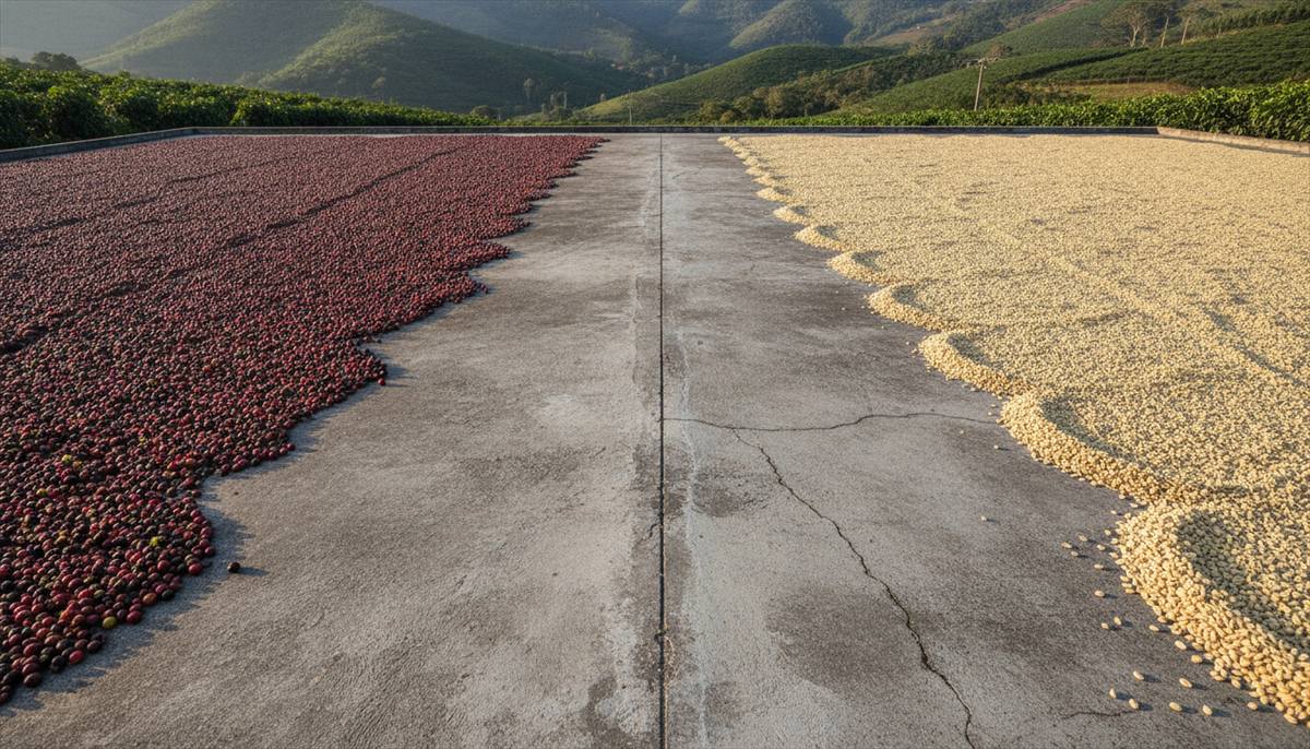 Café secando no terreiro de uma fazenda de montanha no Sul de Minas