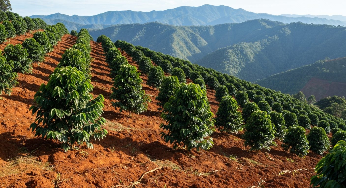Lavoura de café de montanha no Sul de Minas com o solo da rua trabalhado entre as linhas