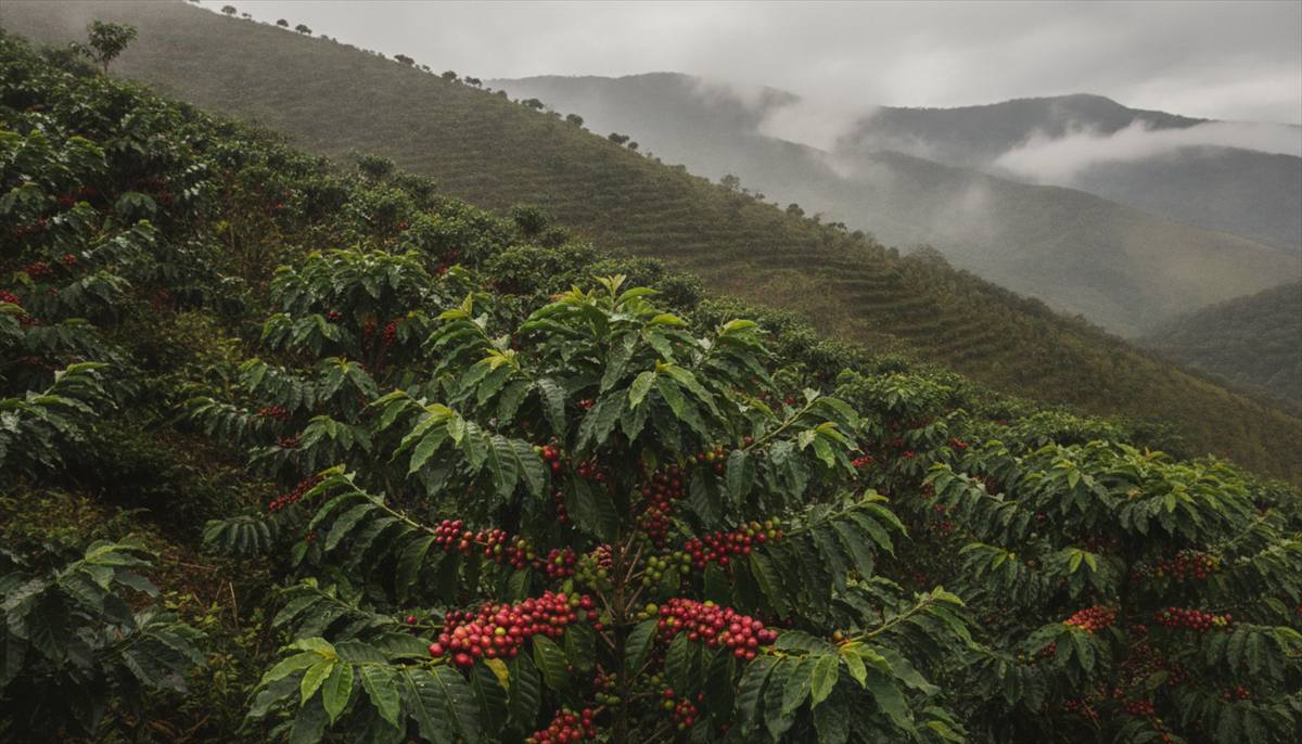 Lavoura de café de montanha no Sul de Minas depois da chuva