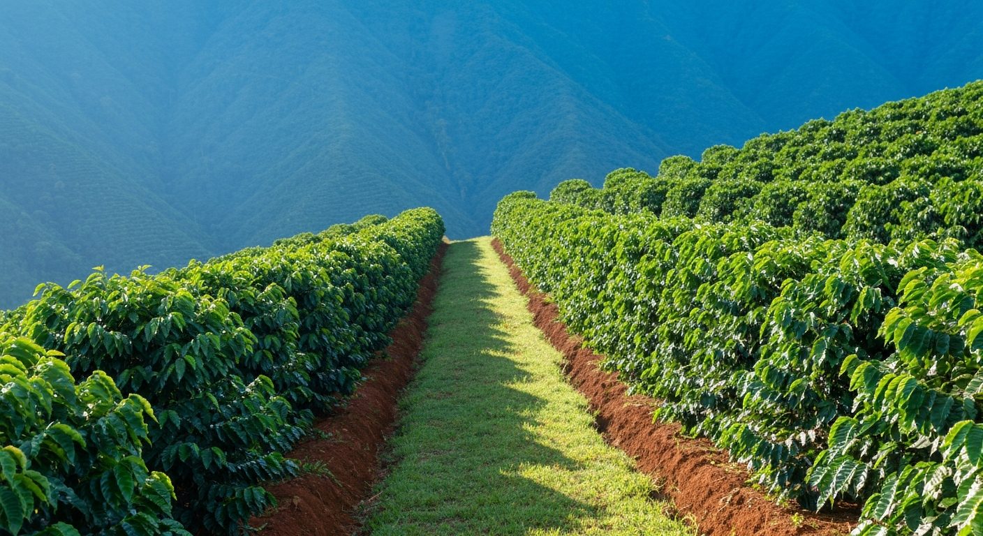 Lavoura de café de montanha no Sul de Minas com ruas entre os pés e neblina leve na serra ao fundo