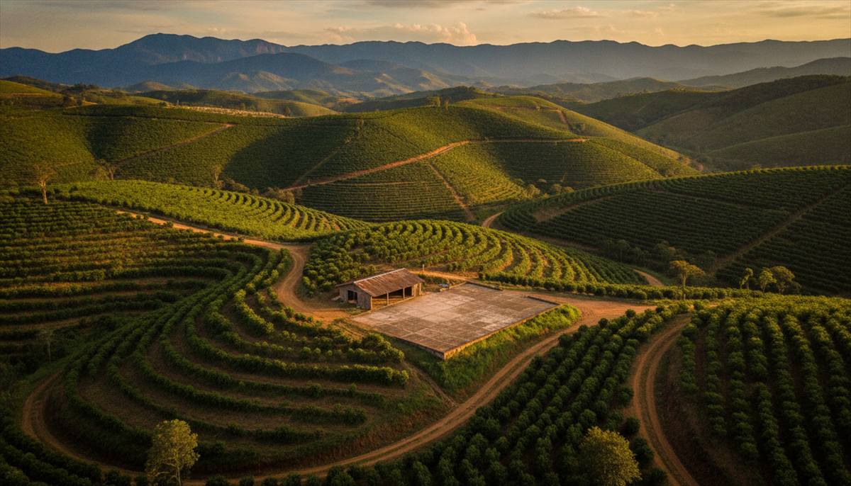 Lavoura de café de montanha no Sul de Minas dividida em talhões nas encostas da Mantiqueira