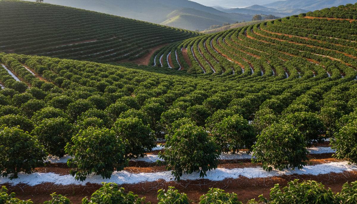 Lavoura de café de montanha no Sul de Minas com ruas limpas e adubo aplicado na projeção da saia