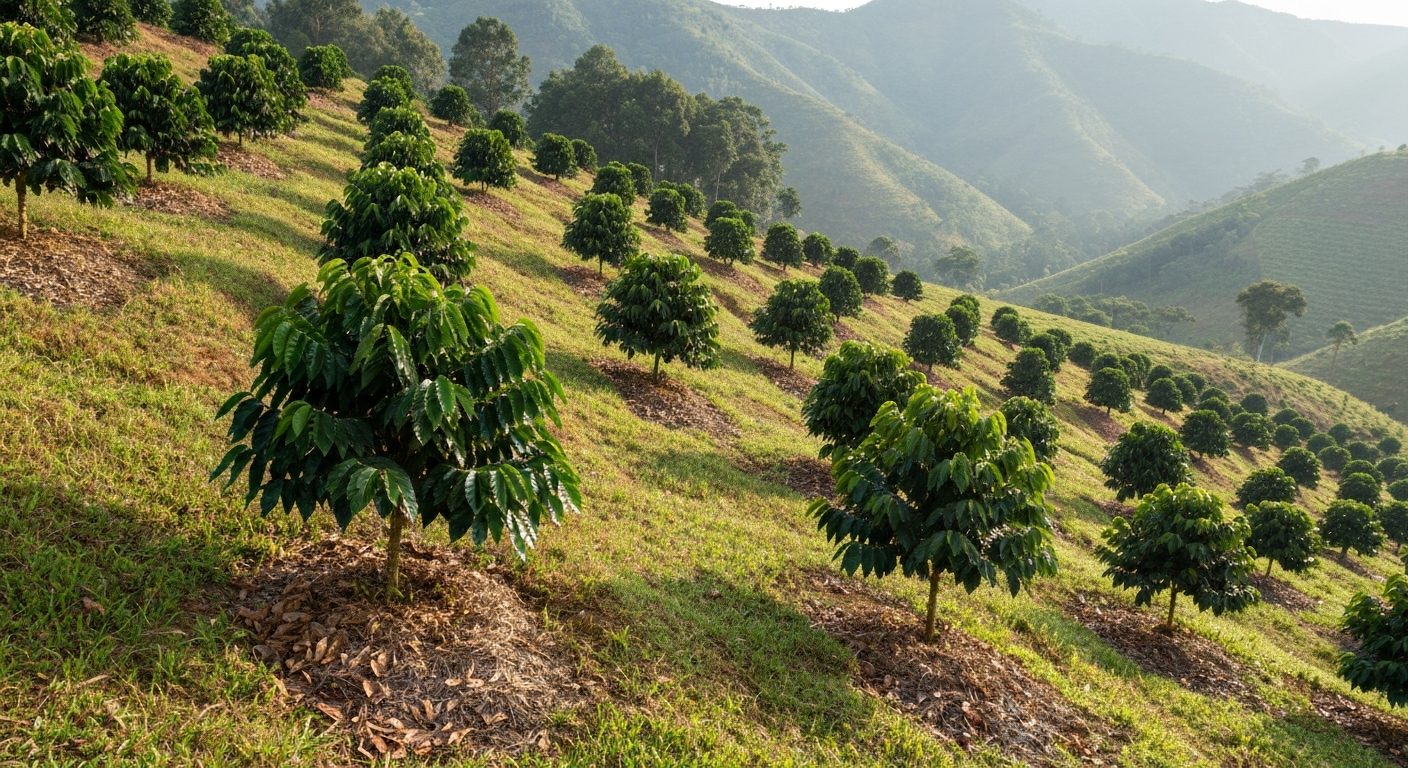 Lavoura de café em encosta de montanha no Sul de Minas com ruas plantadas em nível