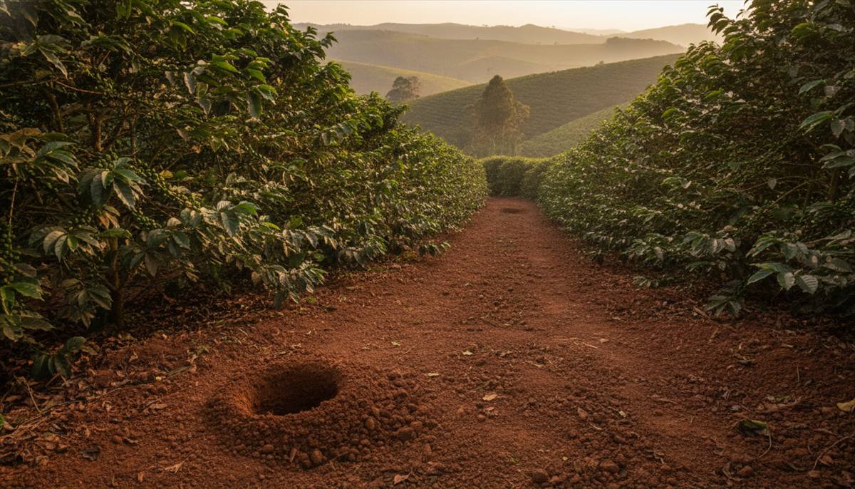 Solo vermelho entre as ruas de uma lavoura de café de montanha no Sul de Minas
