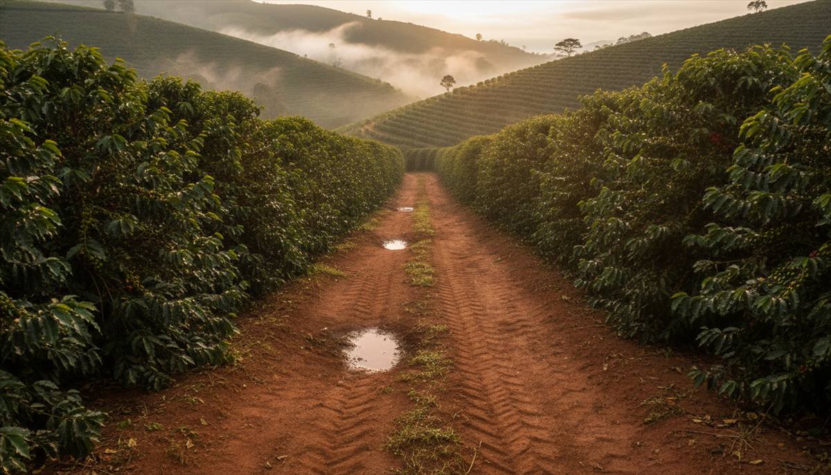 Rua entre as linhas de uma lavoura de café de montanha no Sul de Minas, com o solo batido e marcas de pneu