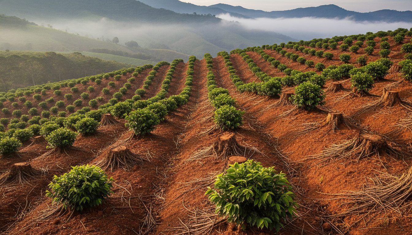 Lavoura de café recepada no Sul de Minas, com tocos brotando hastes novas na encosta