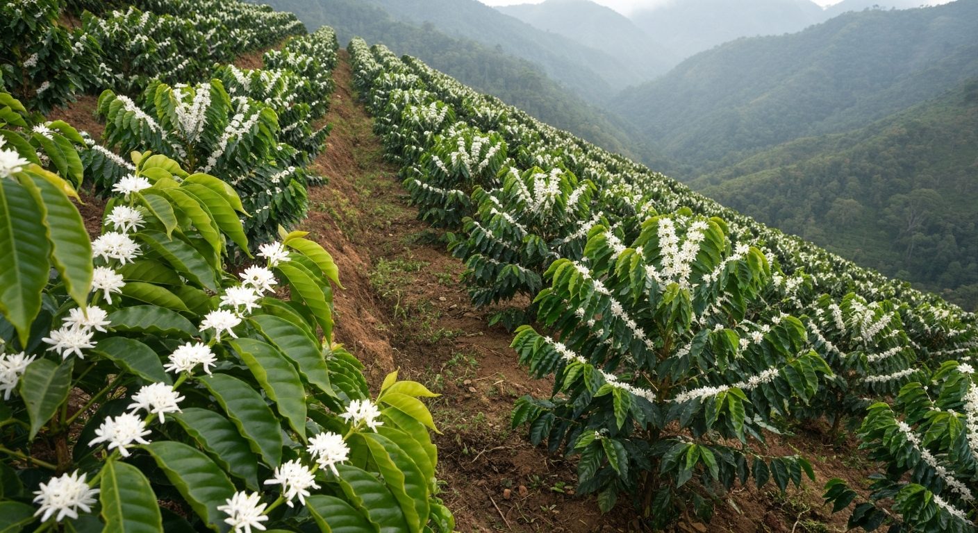 Lavoura de café de montanha no Sul de Minas em plena florada, com ramos cobertos de flores brancas