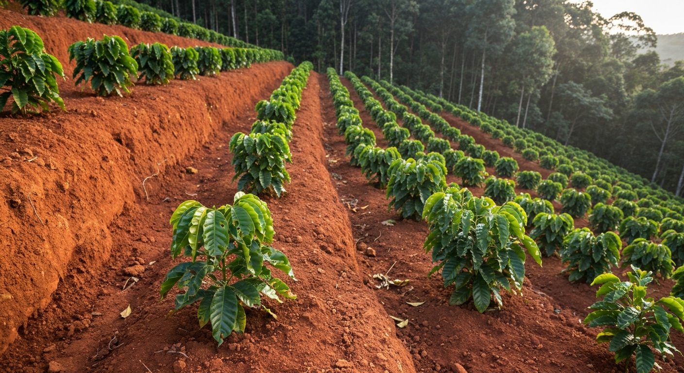 Lavoura de café de montanha no Sul de Minas com plantas novas e solo vermelho na encosta