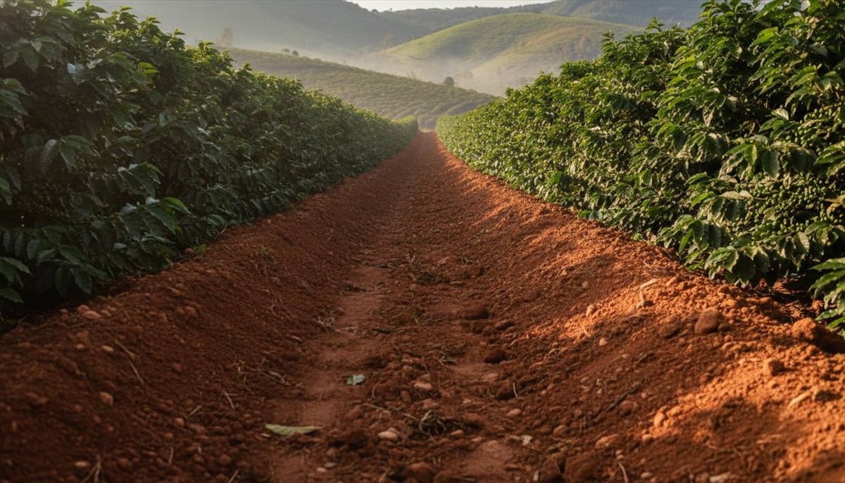 Solo entre as ruas de uma lavoura de café de montanha no Sul de Minas