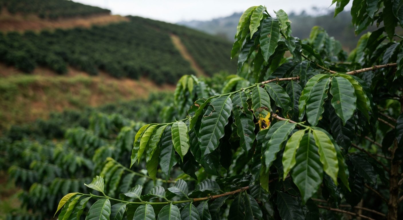 Ramo de café com folhas verdes em lavoura de montanha do Sul de Minas