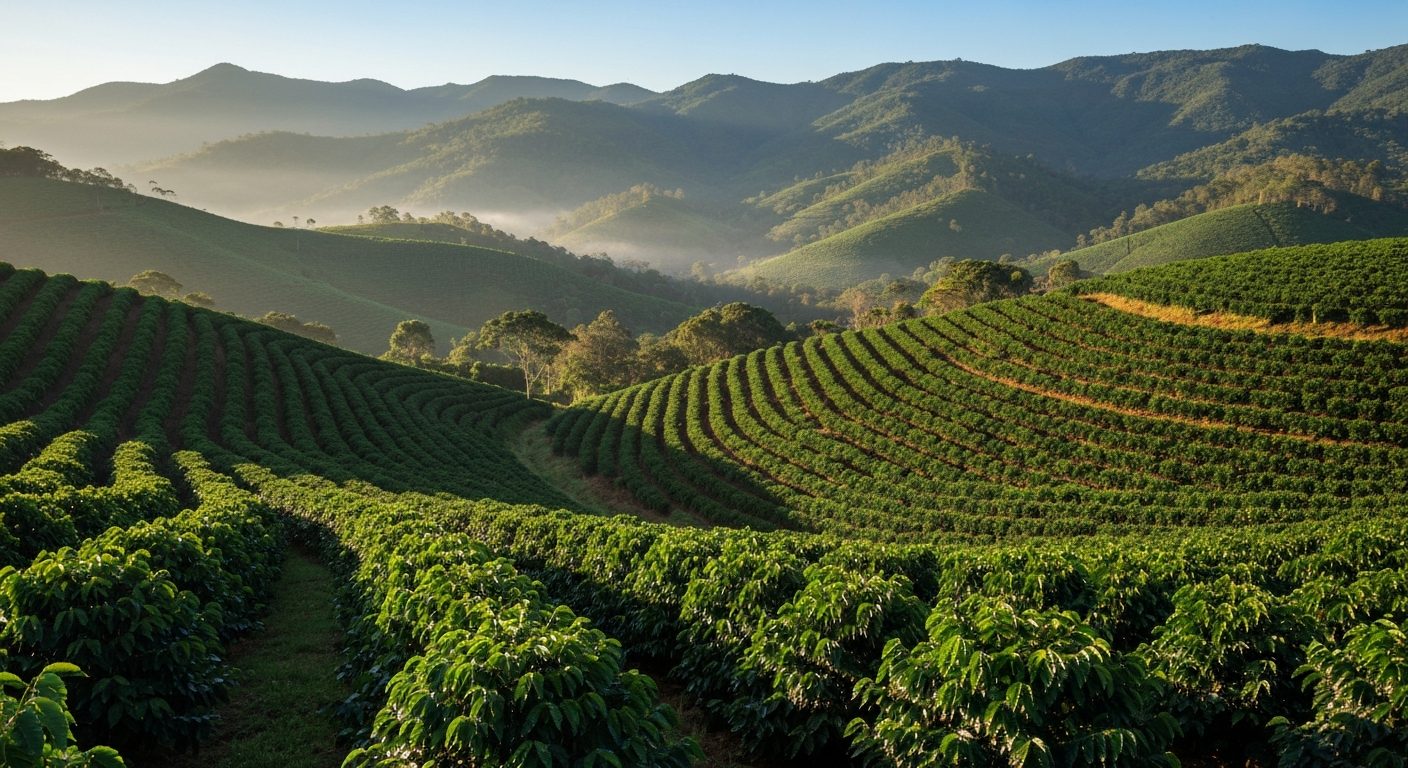Lavoura de café de montanha no Sul de Minas ao nascer do sol, com a serra da Mantiqueira ao fundo