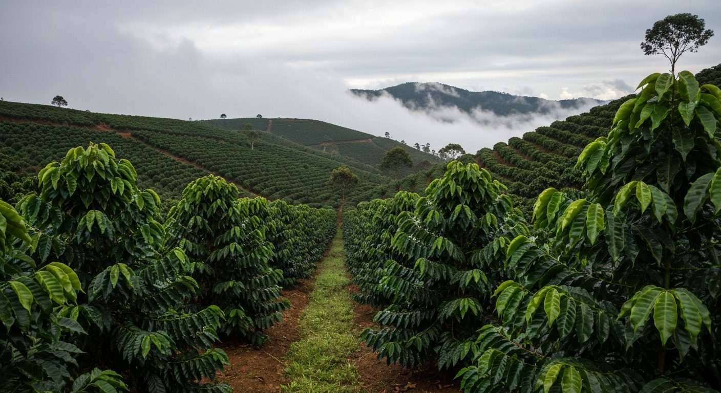 Lavoura de café de montanha no Sul de Minas em dia frio e nublado, com as ruas descendo pela encosta
