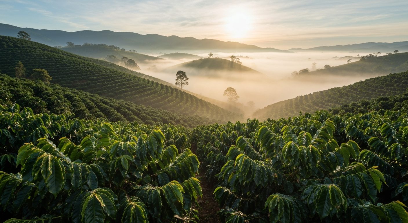 Lavoura de café de montanha no Sul de Minas de manhã cedo, com neblina no vale e orvalho nas folhas