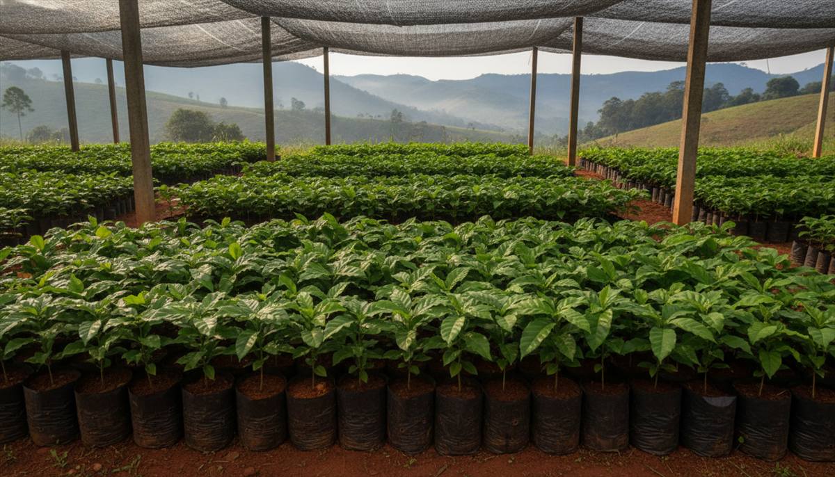 Mudas novas de café em viveiro, prontas para o plantio em lavoura de montanha do Sul de Minas