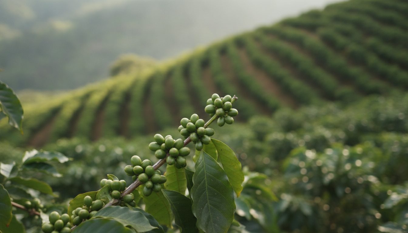 Ramo de café de montanha do Sul de Minas carregado de chumbinho verde recém-formado