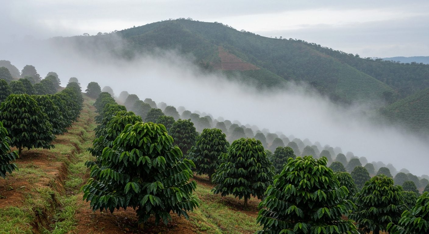 Lavoura de café de montanha no Sul de Minas em manhã fria com neblina entre as ruas