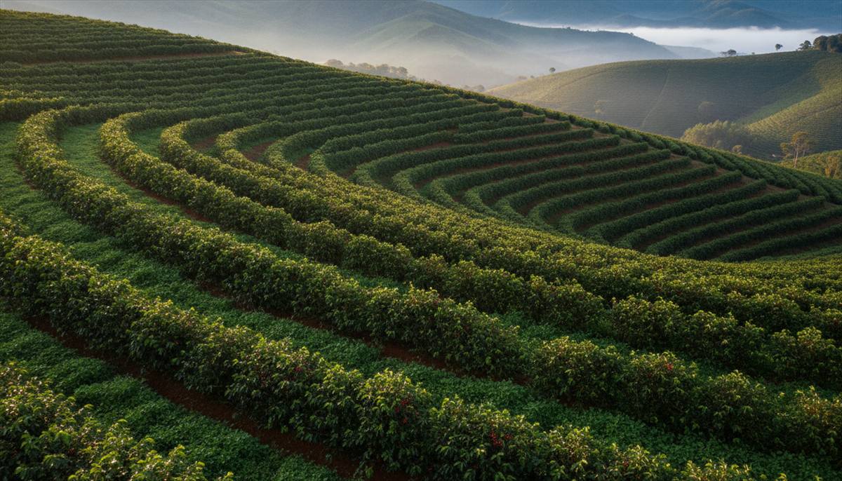 Ruas de lavoura de café de montanha no Sul de Minas com vegetação baixa cobrindo o solo entre as linhas