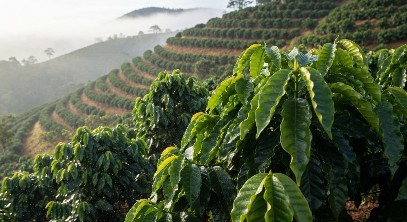 Lavoura de café de montanha no Sul de Minas com as folhas molhadas de calda no começo da manhã