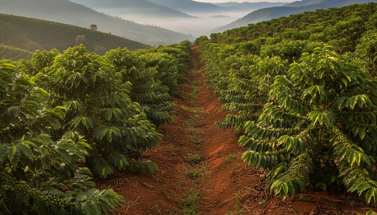 Lavoura de café de montanha no Sul de Minas com as ruas limpas entre as linhas