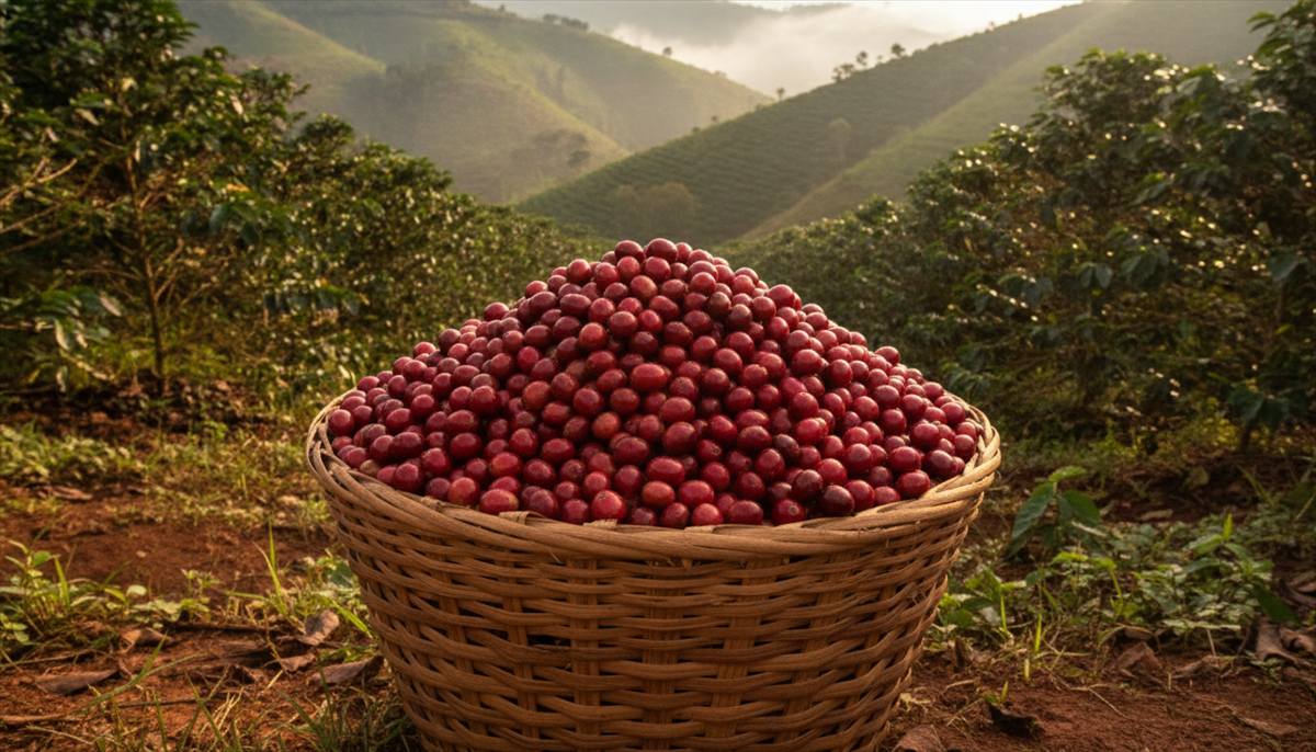 Café cereja colhido em balaio na lavoura de montanha do Sul de Minas