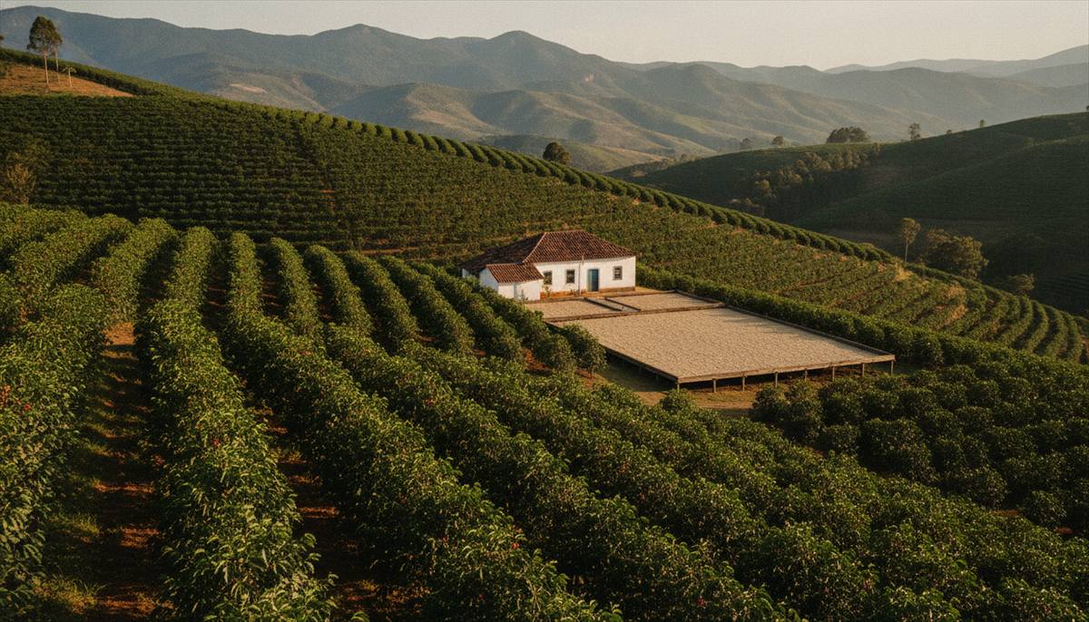 Lavoura de café de montanha no Sul de Minas com a sede da fazenda ao fundo, em fim de tarde
